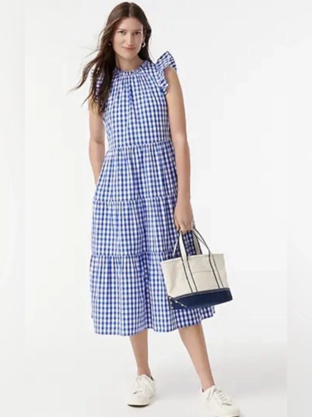 J.Crew Blue & White Gingham Tiered Midi Dress